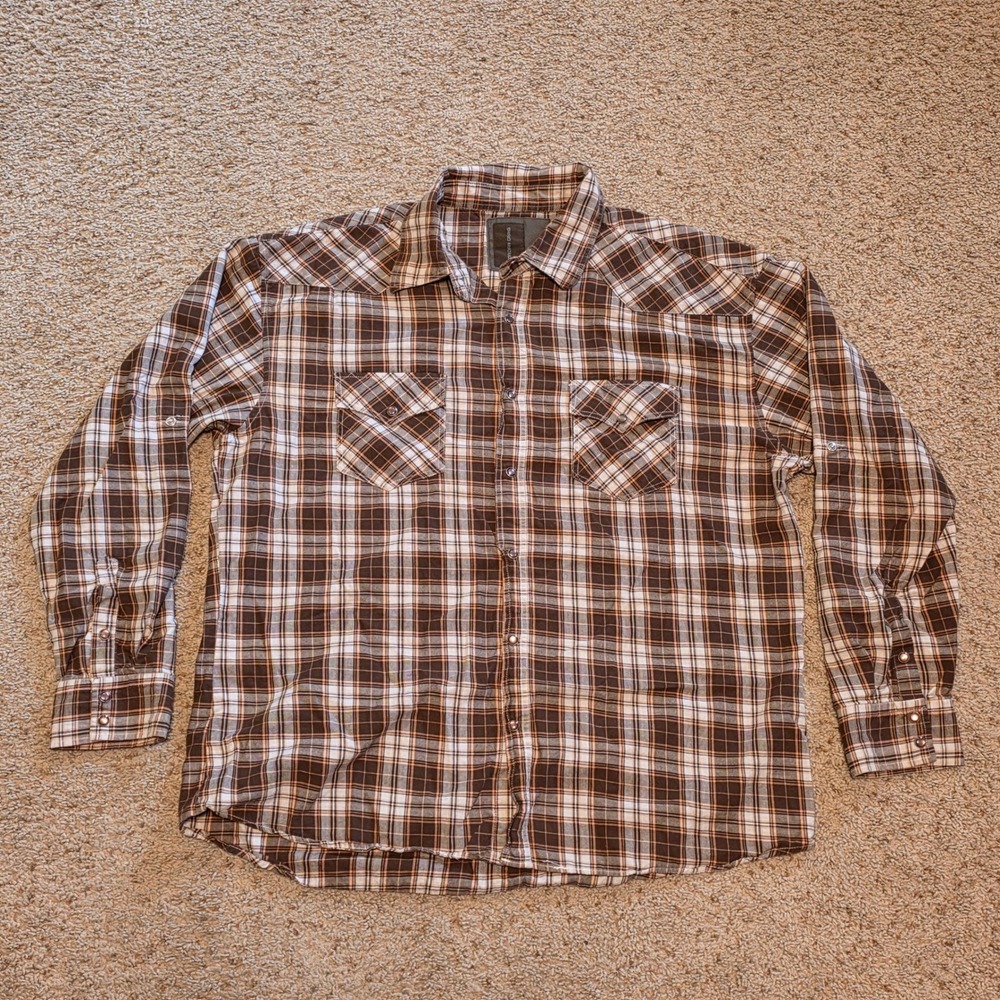 Jordan Craig Mens 2XL Brown Plaid Western Pearl Snap Long Sleeve Shirt Roll Tab